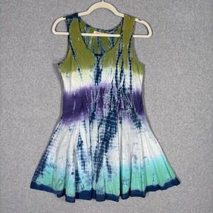 Just Funky Tie Dye Mini Skater Dress Medium Green Purple Turquoise Boho Festival